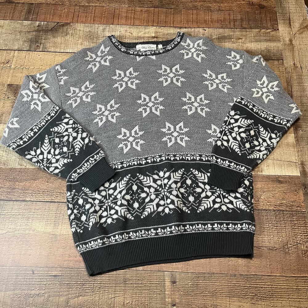 VINTAGE Oleg Cassini Men's Gray White Wool Blend Winter Graphic Sweater Sz L USA